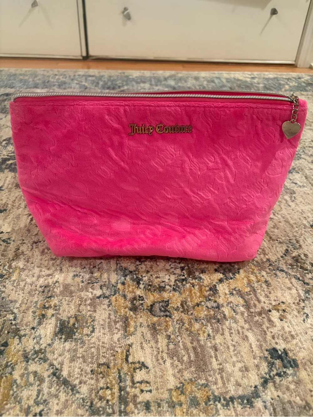 Juicy Couture Bright Pink Embossed Cosmetic Pouch with Heart Charm